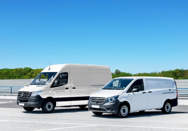 Two commercial cargo vans illustrating payload capacity and towing capacity considerations when choosing the right van for work or towing needs